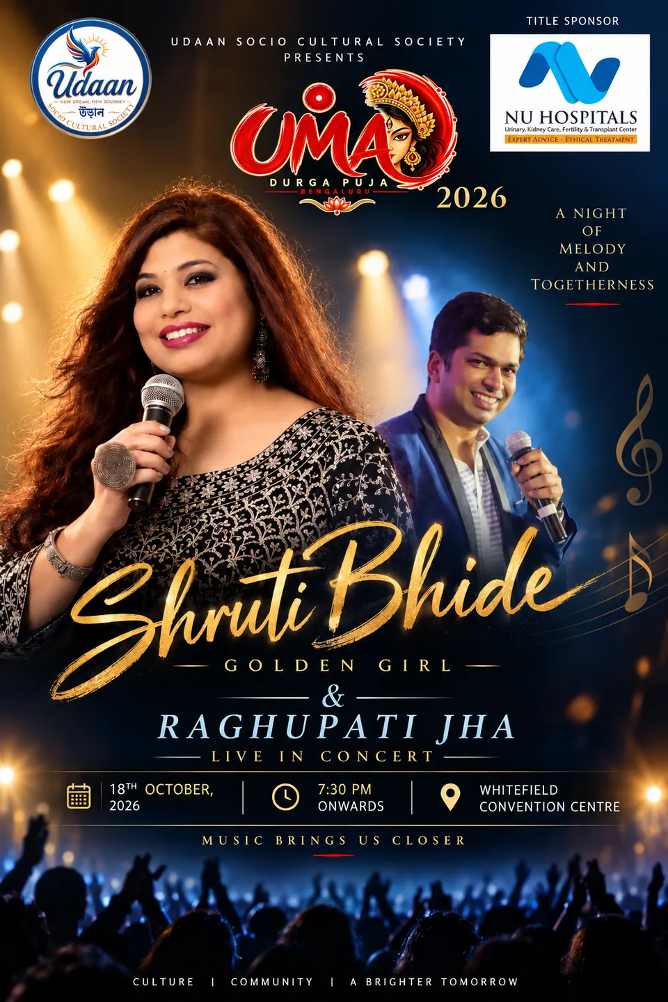 Shruti Bhide and Raghupati Jha live in concert — UMA Durga Puja 2026 at Whitefield Convention Centre