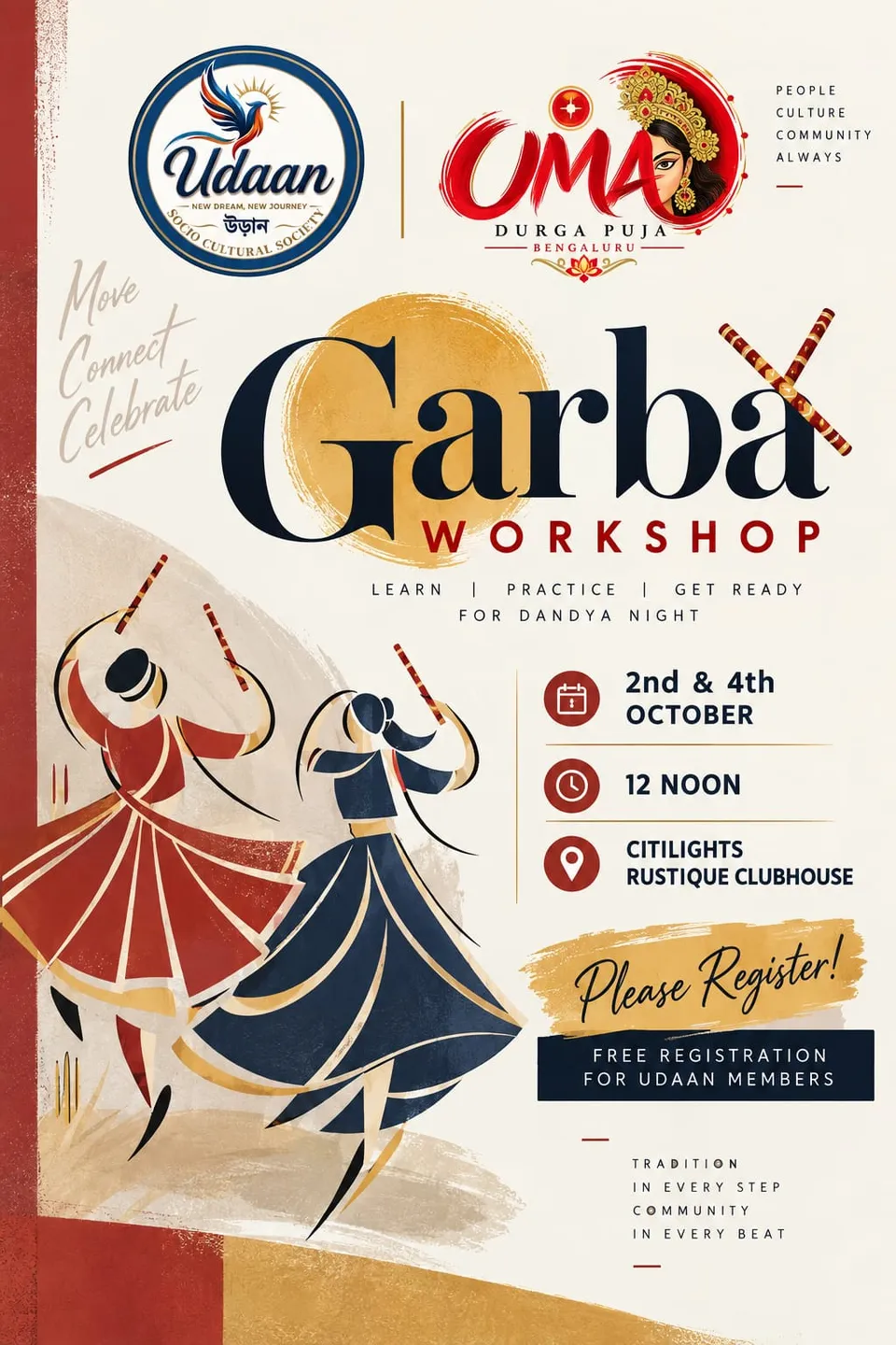 Udaan Garba Workshop — 2nd & 4th October at CitiLights Rustique Clubhouse, Whitefield